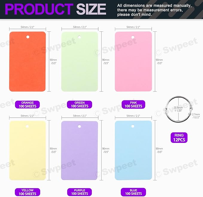 Swpeet 600 Sheets 2.1 x 3.5 Inch Colored Index Cards with Binding Rings, Notecards Index Cards, 6 Colors Easy Flip Flash Card Blank for School Learning Memory Recipe Cards Game Card
