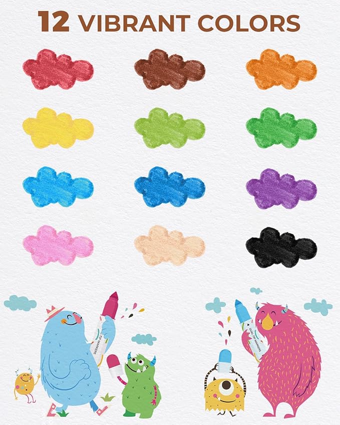 JUPITEARTH Washable Dual Tip Markers for Kids, Broad & Round Tip, Easy-Grip Design for Little Hands, 12 Vibrant Colors Toddler Markers with Portable Case, Ideal Christmas Gift for Kids Toddlers