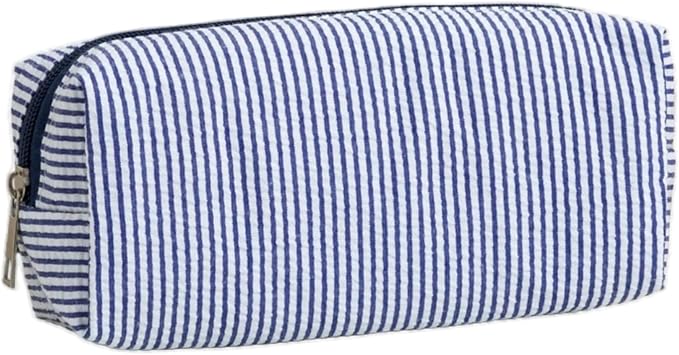 Cute Large Capacity Pencil Case | Aesthetic Striped Pencil Pouch for Office Supplies Organizer (Navy Blue)