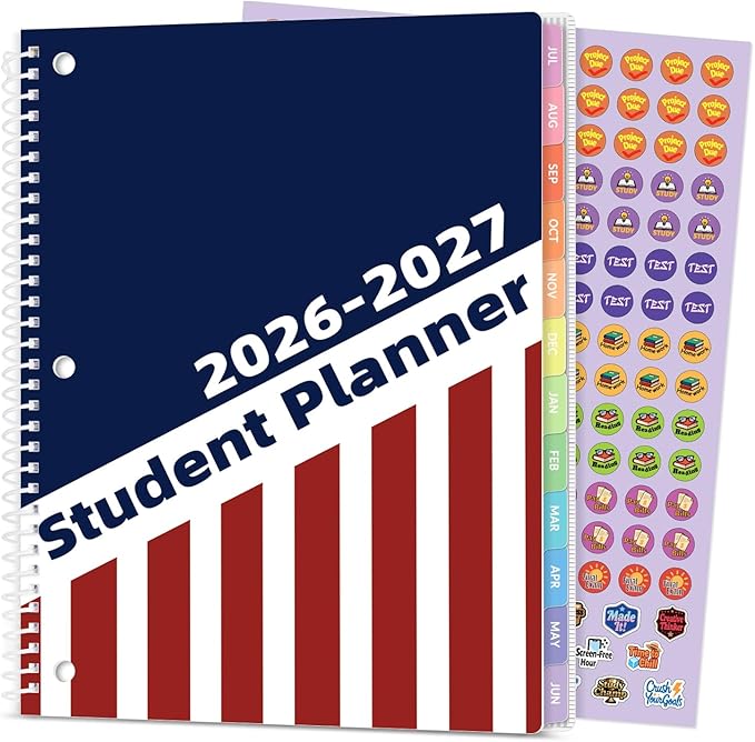 Student Planner 2026-2027, SUNEE Middle or High School Student Planner for Academic Jul. 2026 - Jun. 2027, 8.5"×11" Lesson Plan Book with 3-Hole Punched, Bookmark, Planning Stickers, Academic Color