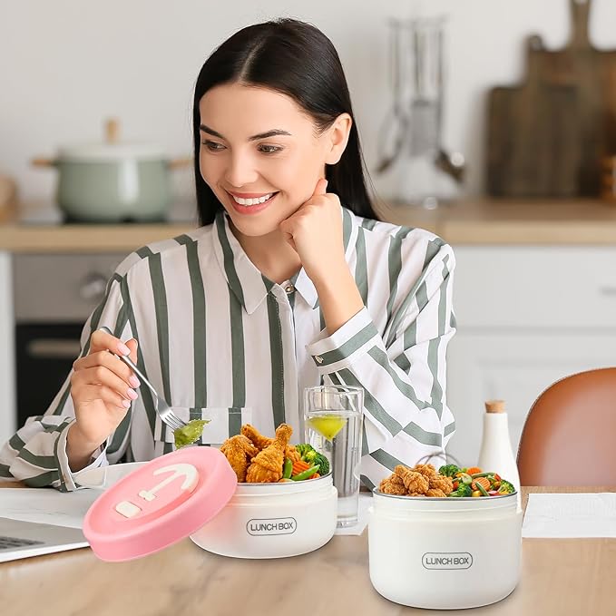 Dandat 2 Pcs Portable Insulated Lunch Containers Thermal Bento Box with Bag Fork Knife Microwavable Stainless Steel Lunch Box 15.2 oz 21 oz Separate Stackable Food Jar for Adult Men Women(Pink)