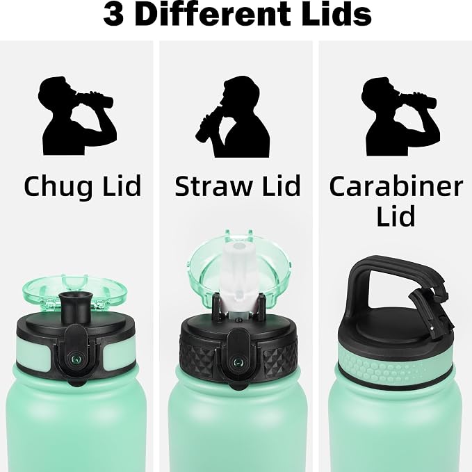 Oldley Insulated Water Bottle 20oz Water Bottles with Straw, Stainless Steel Water Bottle with 3 Lids, Double Wall Vacuum Bottles for Adult Kids, Sports Bottles for School Travel, Leaf Green-Blue