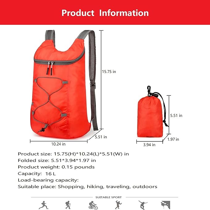 levayhill 16L Lightweight Foldable Hiking-Backpack Small Packable-Daypack For Travel,Ultralight Water-Resistant Gym Bag Men Women Easy Carry-on (Red)