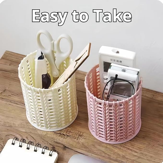 Hand-woven Style Pen Holder for Desk Cute Office Supplies Cubicle Decor Kawaii Workspace Accessories Boho Makeup Organizer for Women Girls Pencil Cup Aesthetic Caddy for Home Office (White)
