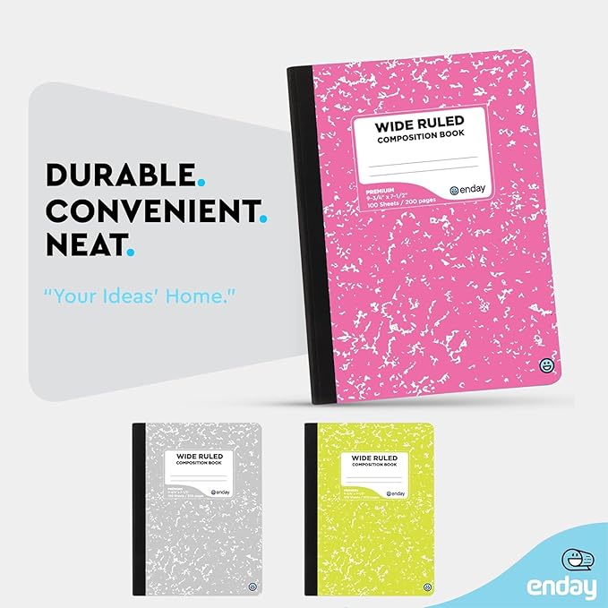 Composition Notebooks Wide Ruled Paper, Colored Marble Composition Notebook Covers, 100 Sheets (200 pages) Composition Books, Marble Notebooks Wide Ruled For School, Pink -Grey -Green – by Enday