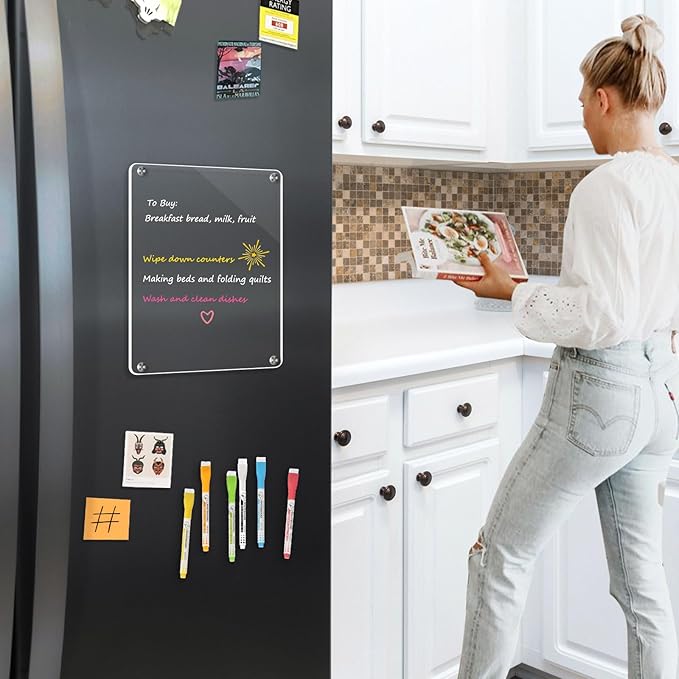 WALGLASS Fridge Acrylic Board, 11"x8" Clear Magnetic Planning Board, Dry Erase Board for Refrigerator, Fridge Planner, 6 Liquid Markers