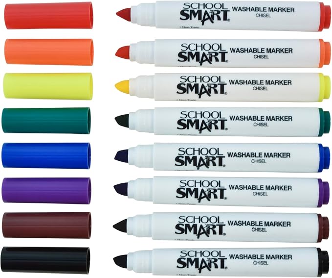 School Smart Chisel Tip Washable Markers for School, Home, and More, Assorted Colors, Pack of 8