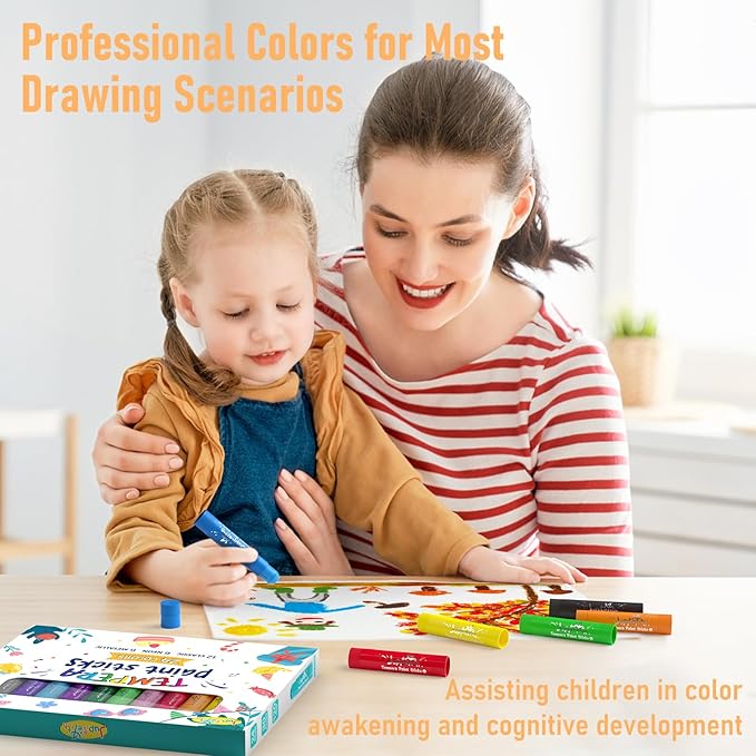 JUPITEARTH 24 Colors Tempera Paint Sticks with 120 PDF Coloring Pages and 30 Stickers, Quick Drying, Smooth, Non-Toxic and Washable Paint Sticks for Kids Drawing on Pumpkin, Wood, Rock, Glass