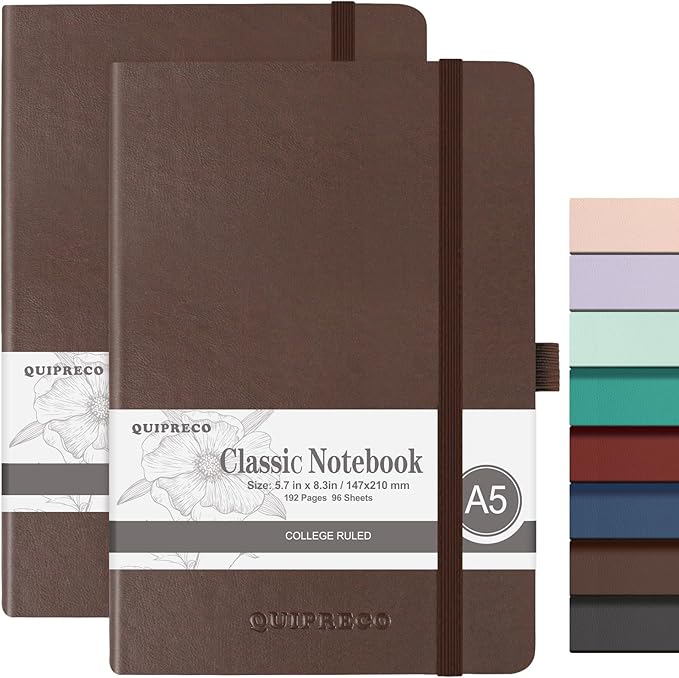 2Pack Lined Hardcover Journal Notebook, A5 192 Pages 100Gsm Thick Paper College Ruled for School,Note Taking,Work,Diary，5.7''*8.3'',Brown