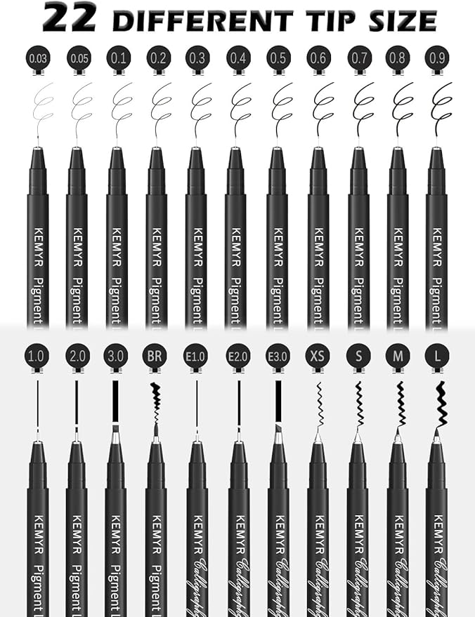 KEMYR Micro Fine liner Drawing Art Pens Calligraphy Pens: 22 Size Art supplies Waterproof Archival Black Ink Markers For Artists,Use for Professional Watercolor,Sketching,Anime,Manga,Zentangle