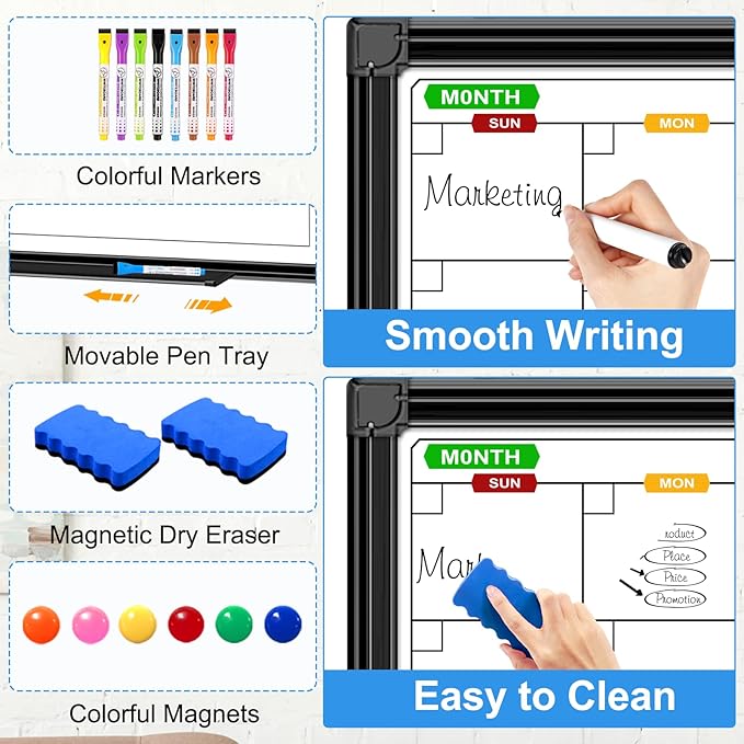 4 Month Dry Erase Calendar for Wall 36" x 24", Magnetic Calendar Whiteboard with Black Aluminum Frame, Magnetic White Board Calendars for Office Home and School