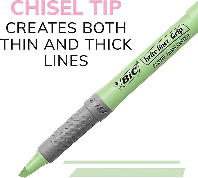 BIC Brite Liner Grip Pastel Highlighter Set, Chisel Tip, 6-Count Pack of Pastel Highlighters in Assorted Colors, Cute Highlighters for Bullet Journaling, Note Taking and More