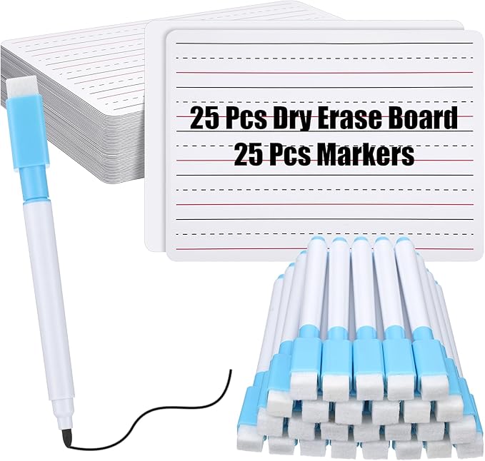 ReliThick 25 Pcs Lined Dry Erase Board with Markers 9 x 12 Double Sided Whiteboards Dry Erase Lapboards with Lines Ruled Writing Board Handwriting Practice