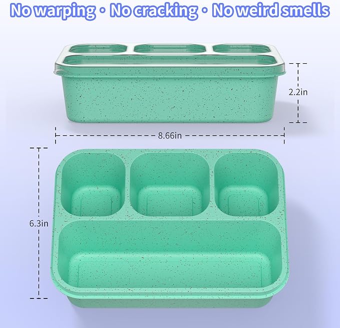 Bento Box 5-Pack, 4-Compartment Lunch Box for Women, Men & Kids, BPA-Free Wheat Straw Snack Containers, Ideal for Meal Prep, Travel, School, Work (Blue)