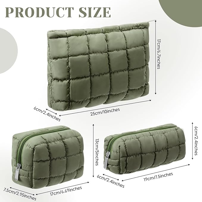 Huhumy 3 Pcs Puffy Makeup Bag Quilted Cosmetic Pouch for Women Cute Checkered Travel Toiletry Bag Puffer Makeup Organizer Purse Pouch Preppy Pencil Case with Zipper(Green)