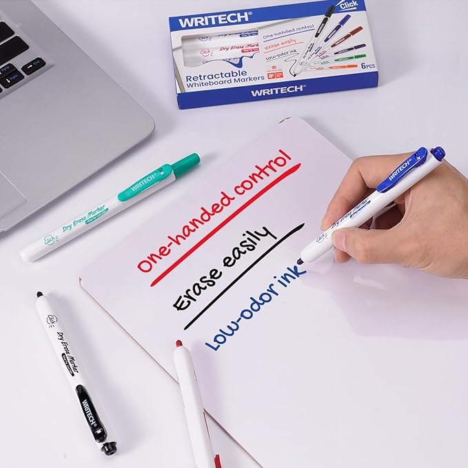 WRITECH Retractable Dry Erase Markers: Fine Point Clickable Colored Ink Marker Low Odor Erasable Thin Tip Refillable Multicolor Whiteboard Marker Pen Set 6ct No Smear Bleed