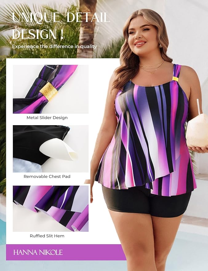 Hanna Nikole Womens Tankini Swimsuits 2 Piece Bathing Suit Flowy Ruffle Tankini Tops with Swim Shorts