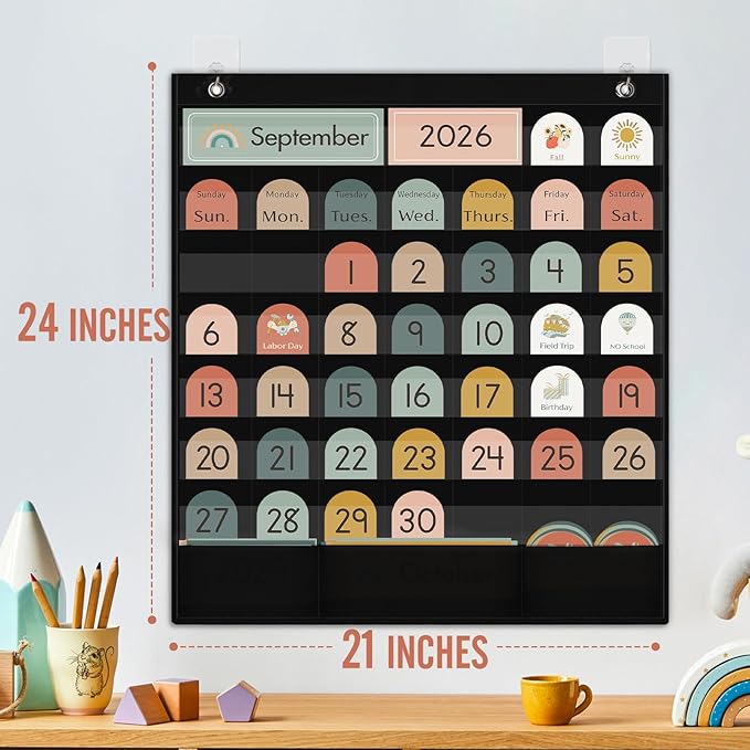 Classroom Monthly Calendar Pocket Chart for Kids Learning, 105 Cards Black Wall Calendar and Weather, Teacher Supplies for Kindergarten Preschool Elementary Homeschool Must Have