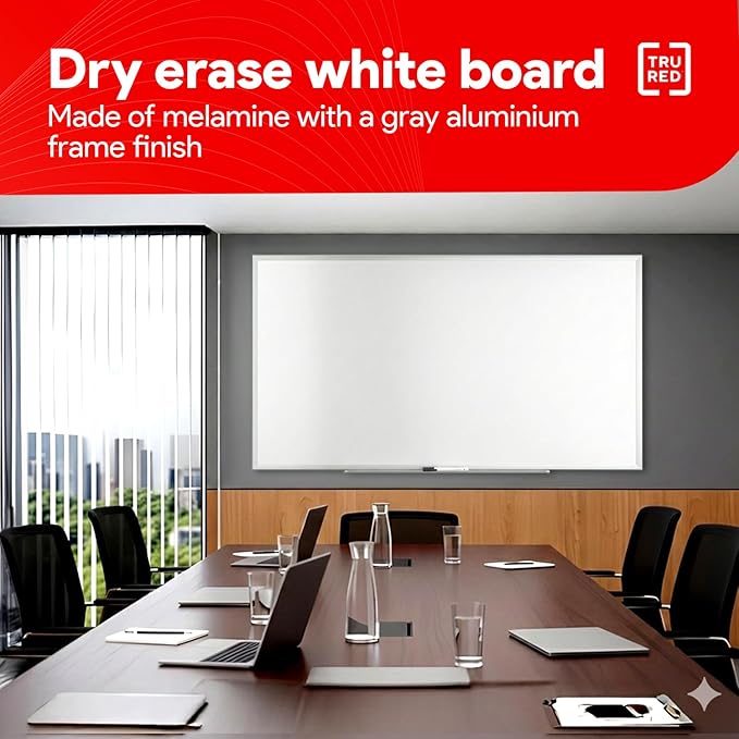 TRU RED Melamine Whiteboard | Large Dry Erase Board for Wall, White Board with Gray Frame, 8ft x 4 ft, 1 Black Marker Included