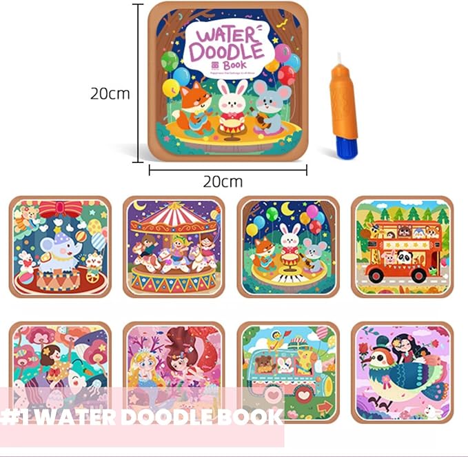 FZRMU Toddler Water Doodle Book Set for Ages 1-3, Mess Free Travel Activity Set with 2 Reusable Water Coloring Books, 1 Sticker Busy Book, Water Pens & Cards, Learning Toy for Car Rides Airplane