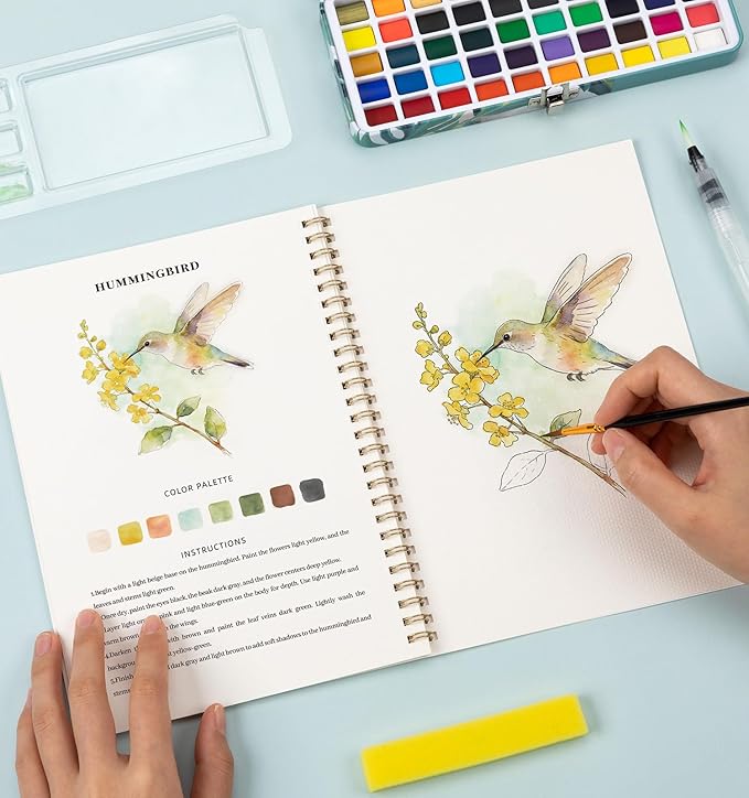 Watercolor Workbook Animals, Water Coloring Book, 12 Different Patterns of Original DIY Designs, 50 Colors Watercolor Paint Set with Palette and Brush, Beginner-Friendly Watercolor Workbooks (Animals)