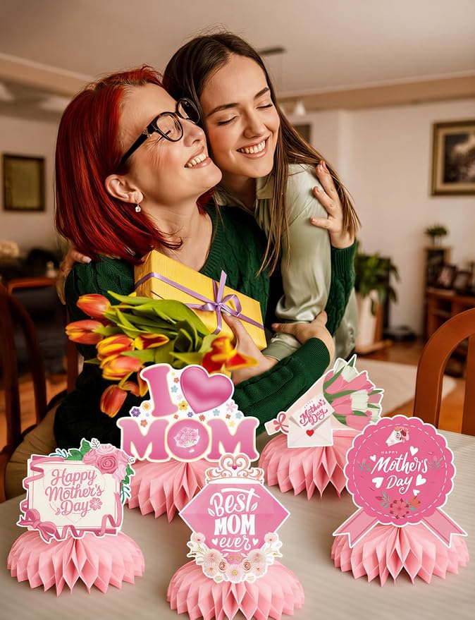 Mothers Day Table Decorations - Mother's Day Decorations Centerpieces for Tables, 9Pcs 3D Best Mom Honeycomb Centerpiece Pink Flower Table Topper for Mother's Party Supplies, Gifts for Mom