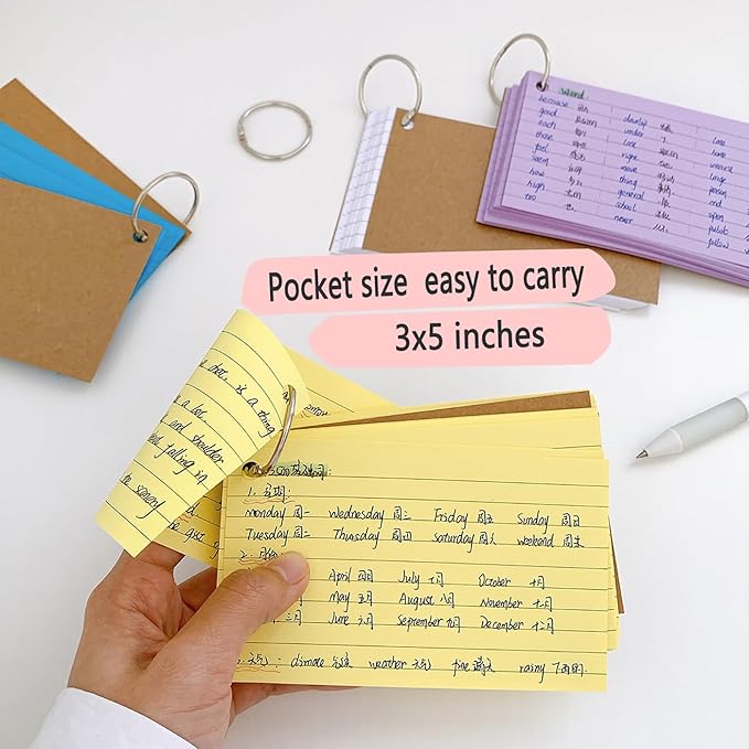150pcs Colored Index Cards 3x5 Inches Flash Cards with Ring Lined Ruled Study Card for Learning, Studying Memory Office College Recipe Game Cards (3 color B-150pcs)