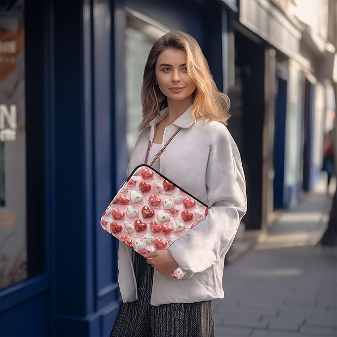 Heart Pink Quilted Laptop Bag Slim Portable Protective Case with Smooth Zipper, Fits MacBook and 13-16 Inch Laptops, Perfect for Work School and Business Trips
