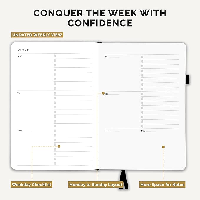 Decorably 240 Pages Gold Foil Monthly & Weekly Undated College Student Planner with Stickers, 6x8.6in Leatherette Hardcover with Goals, Priorities, to-dos, Habit Tracker & Notes - Home, School, Office