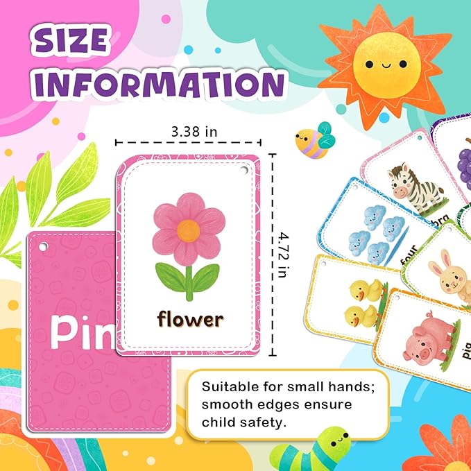 Flash Cards are Designed for Toddlers Aged 1-3. The Set Includes 56 Double-Sided Preschool Flash Cards Featuring The Alphabet, Numbers, Colors, and Shapes.