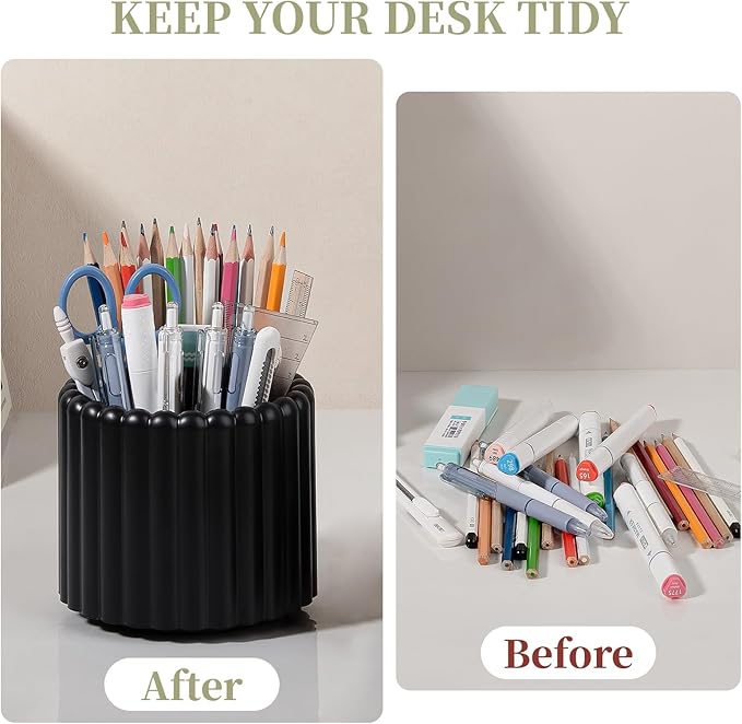Anyoifax 360° Rotating Pen Holder 7 Slots Desk Organizer Removable Pencil Cup Plastic Art Supplies and Accessories Desktop Storage Box Caddy for Office, School, Home (Black)