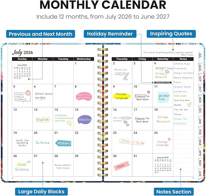 Planner 2026-2027, Hardcover Monthly and Weekly Academic Planner July 2026 - June 2027, Teacher and Student Calendar Agenda Book with Tabs, A5 (6.3" x 8.5"), Ideal for School and Office, Floral Street