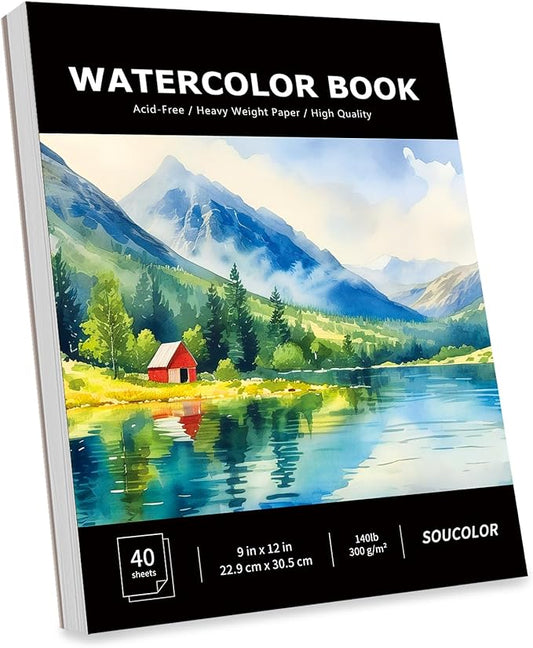 Soucolor 40 Sheets Watercolor Paper Pad, 9"x12" Water Color Paper, 140lb/300gsm Artist Painting Drawing Paper Book, Art Supplies for Adults, Watercolor Paint Set, Sketchbook, Journal, Notebook