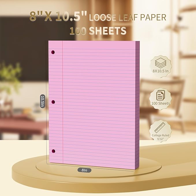 500 Sheets Loose Leaf Paper 8" x 10.5" Colored Filler Paper College Ruled 3-Hole Punched Lined Paper Notebook Paper for 3-Ring Binders Notepad Writing Note Pads Ideal for Home, School, Office