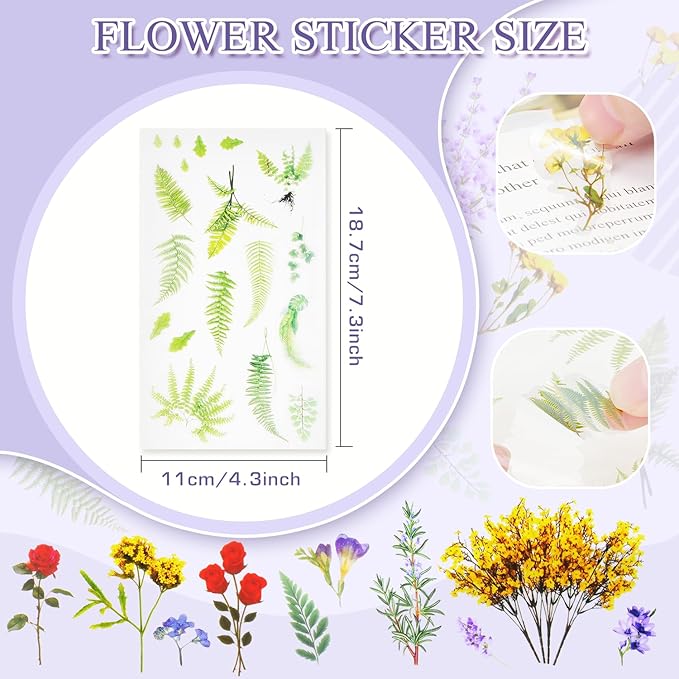 36 Sheets Flower Stickers for Scrapbooking,576 Pcs Self-Adhesive Transparent Flower Stickers Scrapbook Supplies Journaling for Adult Card Making Letters DIY Water Bottle Cards Decoration