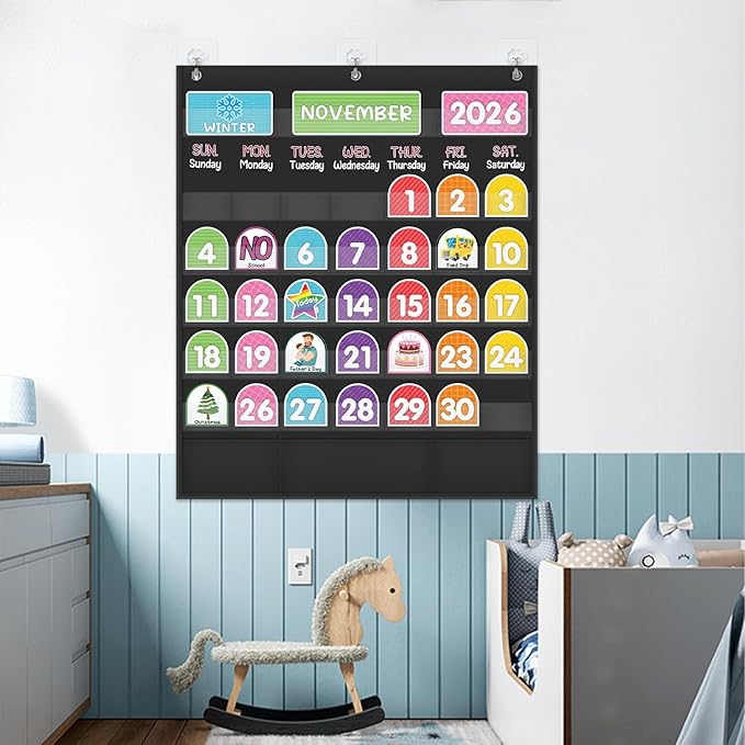 Mewise Monthly Calendar Pocket Chart with 92 Activity Cards for Kids,Simplified Calendar Pocket Chart for Kids Easy Learning,Classroom/Teacher Must Have Supplies/School Decor (Black English)