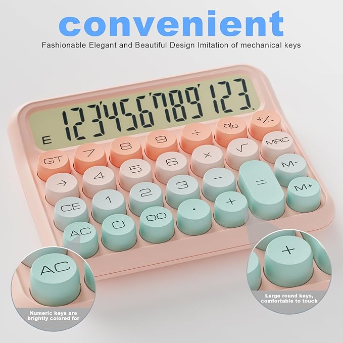 DECKLIT Battery Desk Calculator - 12 Digit Extra Large 5-Inch LCD Display, Big Buttons Easy to Press, 15Tilt Screen for Kids (Green&Pink)