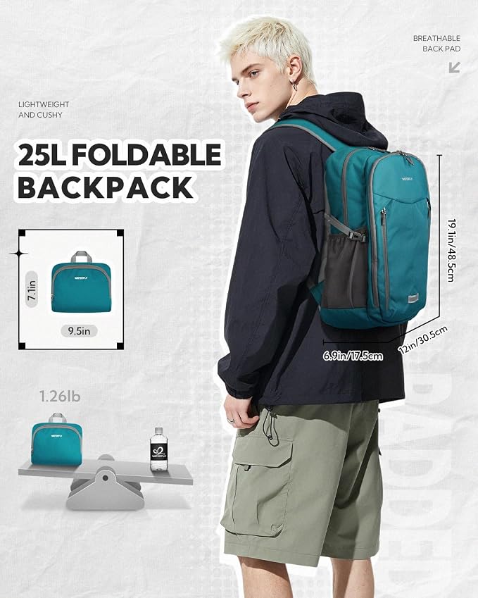 WATERFLY Lightweight Packable Backpack, 25L Small Foldable Travel Daypack | Large Opening Pocket with Luggage Strap, Breathable Back Pad, Easy to Fold, Compact Day Pack for Hiking Outdoor
