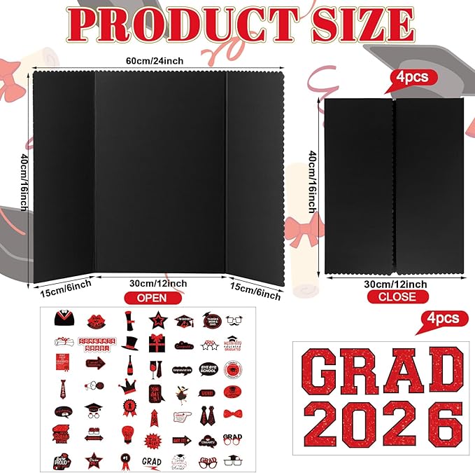MiniInflat 4 Set 2026 Graduation Picture Trifold Poster Board Double-Sided Foldable Photo Display Board Graduation Decoration for Class of 2026 High School College DIY Craft(Red,24 x 16 Inches)