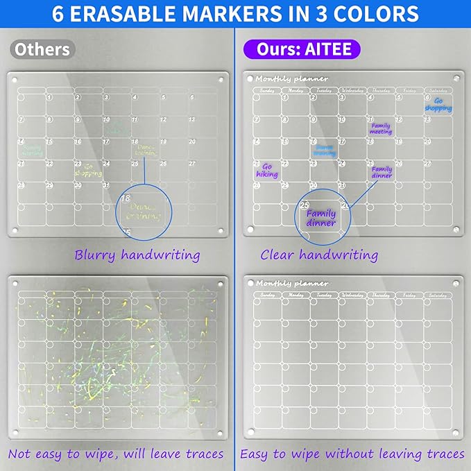 AITEE Acrylic Magnetic Dry Erase Board Calendar for Fridge, 16"x12" Inches Clear Monthly Planner for Refrigerator Includes 6 Dry Erase Markers with 3 Colors