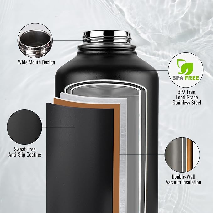 Fijinhom Gallon Water Bottle with 2 Lids (Straw & Spout), 304 Stainless Steel Water Jug with Handle and Wide Mouth, 1 Gallon Vacuum Double Walled Jug for Sports, Outdoors, Leak-Proof, Black 128 oz