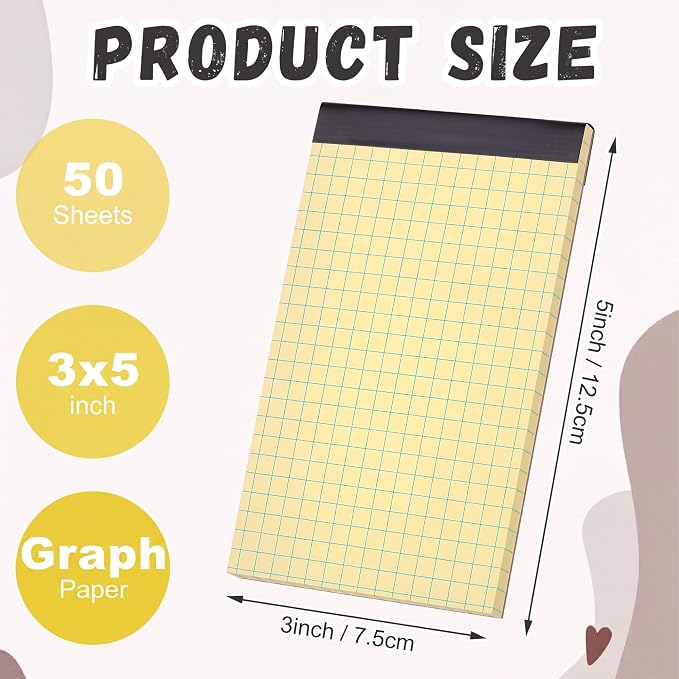 Tenceur 16 Pcs 3'' x 5'' Graph Paper Pads Quad Ruled Grid Mini Notepads, Perforated Tops, 50 Sheets Per Memo Pad, 80Gsm Paper Pads Small Pocket Graph Notebook for Students, Office, Math, Notes