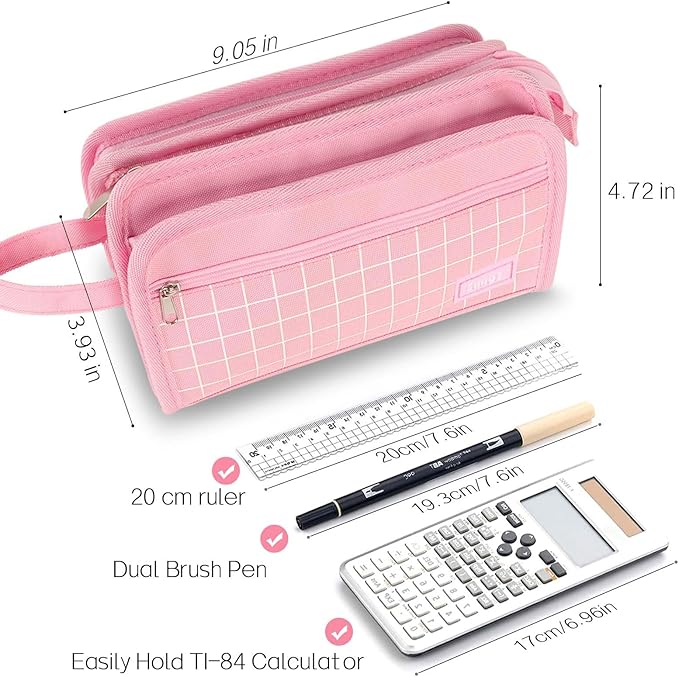 Sooez Large Pencil Case, Big Capacity Pencil Pouch Pen Bag with 3 Compartment, Portable Canvas Stationery Organizer with Zipper, Cute Aesthetic School Supplies for Teen Girls, Purple with Plaid