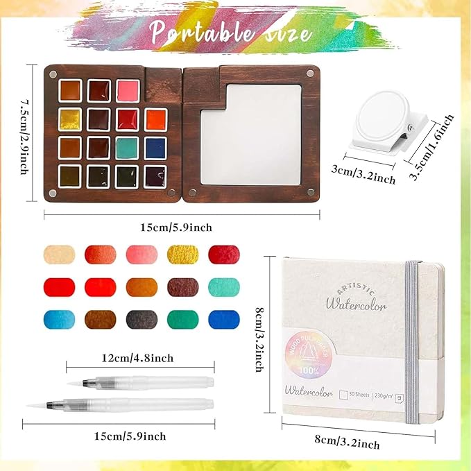 Mini Paint Palette Travel Kit - Mini Travel Watercolor Palette Set, Pocket Artist Water Color Travel Set with Colours, Binder Clips, Watercolor Pens, Wooden Paint Box for Painters Artists Students