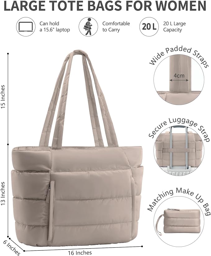 Bagstellar Puffer Tote Bag for Women, Lightweight Puffy Work Handbag Teacher Nurse Quilted Shoulder Bag for School Travel Gym | Cloud Bag w/ Zipper