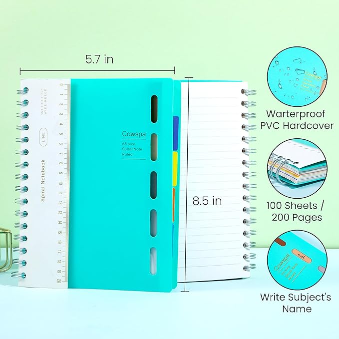 Yoment 2 Pack 5 Subject Notebook Wide Ruled Spiral Notebooks 5x7 with Removable Dividers Tabs, 200 Pages Small Notebooks for Work A5 Spiral Bound Journal for School Office, Blue&Blue