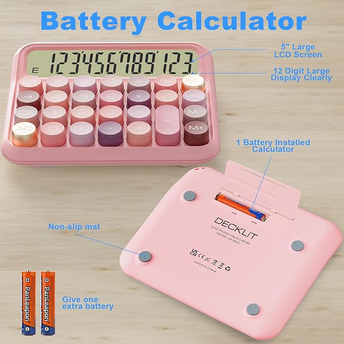 DECKLIT Battery Desk Calculator - 12 Digit Extra Large 5-Inch LCD Display, Big Buttons Easy to Press, 15 Tilt Screen for Kids (Rose)