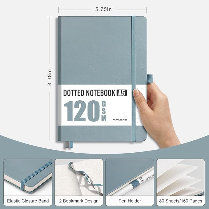 AHGXG Dotted Journal - Dot Grid Notebook Journal, 120 GSM Thick Acid-Free Paper, A5 Dotted Notebook 160 Pages, Leather Hardcover, Inner Pocket, Journal Stencil, 5.7'' × 8.3'', Gray Blue