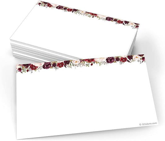 321Done Red Rose Floral Index Cards - Blank, No Lines - (50) Small 3x5 White Cards - For Studying, Learning, Flashcards, Desk Notes, Messages, Notecards, Card Making - Cute, Pretty - Made in the USA