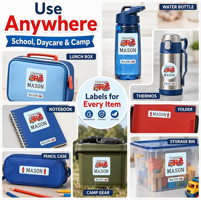 Andaz Press Custom Personalized Waterproof School Name Labels, Fire Truck, 120-Pack, Kids Labels Combo Pack, Customizable Multi-Use Name Stickers for Preschool, Daycare, Supplies, Office, Camping